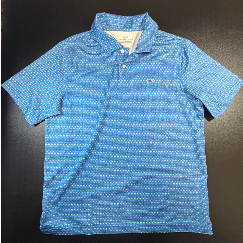Vineyard Vines Boys Performance Polo Shirt Blue Whale Print Size L 16 L1